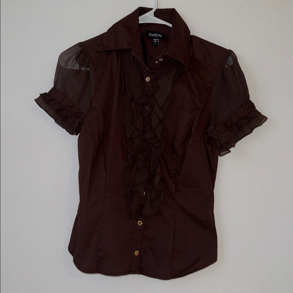 Bebe Chocolate Ruffle Blouse Small - Picture 6 of 13